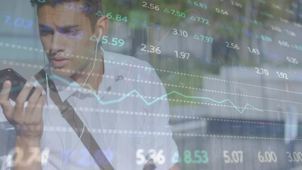 Poster - Animation of stock market data processing against biracial man talking on smartphone outdoors