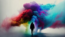 Man In Silhouette With Rainbow Color Smoke