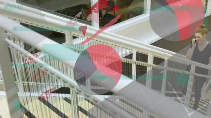 Sticker - Animation of data processing over caucasian woman talking on smartphone while climbing stairs