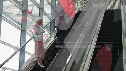 Poster - Animation of data processing over diverse man and woman discussing on escalator