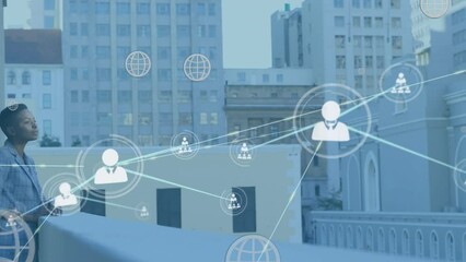 Poster - Animation of connected icons, globes, thoughtful african american businesswoman standing in balcony