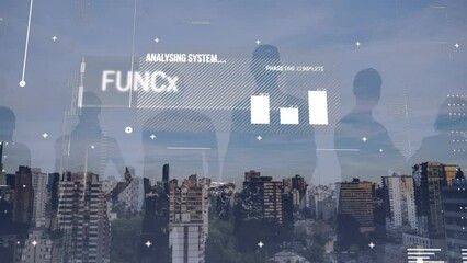 Poster - Animation of interface with data processing over silhouettes of businesspeople against cityscape