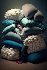 Person in many pillows, concept of Soft Sculpture and Relief Art, created with Generative AI technology