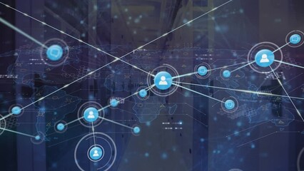 Poster - Animation of network of digital icons and data processing over world map against server room