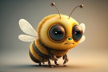 3D Cute Smile Little Bee Kawaii Character. Realistic Bee With Big Eyes. Generative AI