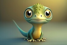 3D Cute Smile Little Lizard Kawaii Character. Realistic Firefly With Big Eyes. Generative AI