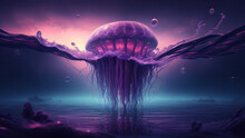Graceful Purple Jellyfish In The Deep Water. 4K, Illustration. Generative AI.