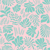 Fototapeta Pokój dzieciecy - Abstract background with leaves and flowers in Matisse style. Seamless pattern with Scandinavian cut out elements.