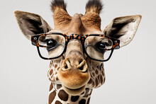 Cheeky Smiling Giraffe Wearing Spectacles Isolated Against A White Background.  Generative AI.