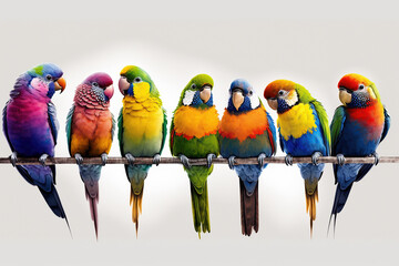 Wall Mural - A row of bright, colourful lorikeet parrots perched on a wire, isolated against a white background.  Generative AI.