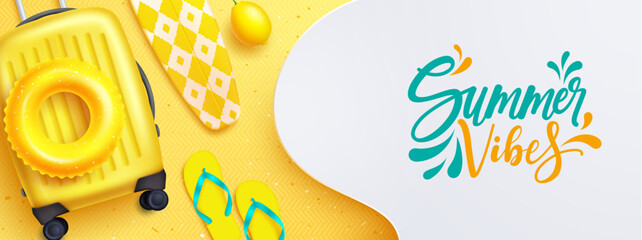 Fototapete - Summer vibes vector design. Summer vibes text in empty space with beach vacation element in background. Vector illustration summer template.
