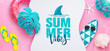 Summer vibes vector deign. Summer vibes text in white empty space with surfboard and floater elements in background. Vector illustration summer template.
