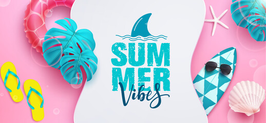 Fototapete - Summer vibes vector deign. Summer vibes text in white empty space with surfboard and floater elements in background. Vector illustration summer template.
