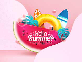 Poster - Hello summer vector design. Hello summer greeting text with watermelon fruit and beach element. Vector illustration summer greeting abstract.

