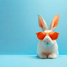 Abstract Clip-art Of White Rabbit Wearing Trendy Sunglasses. Contemporary Pastel Blue Background. Copy Space. Easter Minimalism. For Easter Scrapbooking Posters Planners, Web, Landing Page. AI Image. 