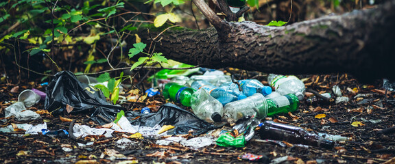 Garbage pile in forest among plants. Toxic plastic into nature everywhere. Rubbish heap in park among vegetation. Contaminated soil. Environmental pollution. Ecological issue. Throw trash anywhere.