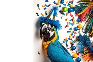 Wall Mural - Background of blue macaw celebrating carnival party with revelry, samba, confetti and streamer. Generative AI.