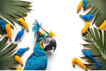 Wall Mural - Background of blue macaw celebrating carnival party with revelry, samba, confetti and streamer. Generative AI.