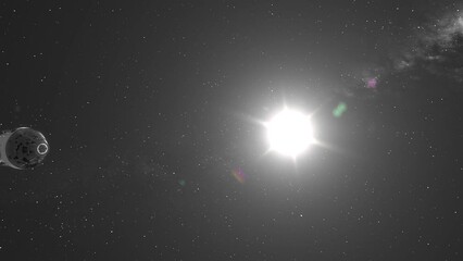 Wall Mural - Orion Artemis Capsule Moving Slowly Past Camera with Sun Flare and Milky Way Galaxy Background - 3D CGI Animation 4K