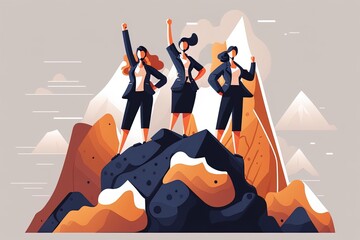 Generative AI businesswomen standing on top of a mountain in victory poses.Business success concept. Success in life concept, with business person celebrating on top of mountain