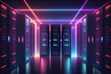 Generative AI data center room with mainframe storage servers, cloud network concept, hosting databases and internet, Modern Telecommunications, Artificial Intelligence,server room