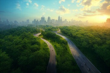 asphalt road and green tree with city skyline in hangzhou, china. generative ai