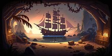 Docked Pirate Ship. 2D Game Background. Digital Illustration Of Scenery For An Adventure Game, 