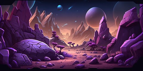 Wall Mural - Alien planet with purple soil, 2D game background, digital illustration of scenery for space game, Generative AI
