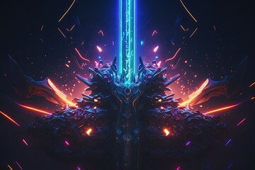 Neon light sword, abstract glowing background, digital illustration, Generative AI