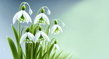 Snowdrop Spring Flowers. Delicate Snow Drop Flower One Of Spring Symbols Telling Us Winter Is Leaving & Spring Come. Fresh Green White Snowdrop Growing In Garden. Generative AI