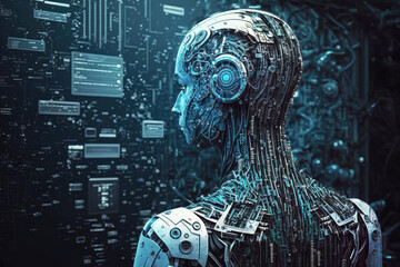 Fototapete - Abstract digital humanoid cyber face. Artificial intelligence concept of big data or cyber security. Chat GPT concept. Generative AI