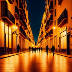 a clean empty street at night in Barcelona, people walking on the sidewalk, sunset, golden lights, lighting, fantasy, generated in AI