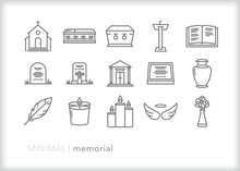Set Of Memorial Line Icons Of Items For A Funeral Or Service To Remember A Loved One