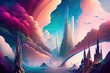A city floating in the clouds, with towering spires and bridges in every color of the rainbow. Digital art painting, Fantasy art, Wallpaper