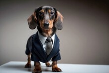 Portrait Of A Dachshund Dog Dressed In A Formal Business Suit, Generative Ai	
