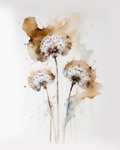 Watercolor Dandelion Flower Illustration With Neutral Muted  Earth Tones On Paper, Ai.