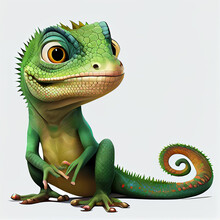 Cute Cartoon Lizard Character. 3D Animation On White Background