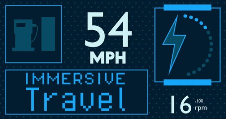 Poster - Hybrid car dashboard with Immersive Travel text. Digital Graphical User Interface Animation.