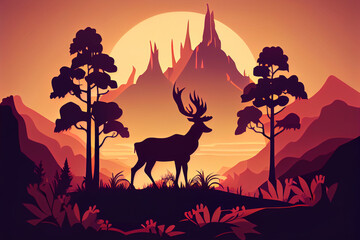 cartoon deer with antlers at sunset. Generative AI