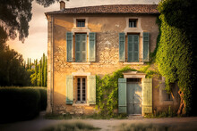 An Old Sandstone Mansion With Blue Shutters And Ivy In The South Of France. Provencal Architectural Style. Photorealistic Drawing Generated By AI.