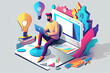 © surassawadee - Young man working on the laptop computer and having a idea. Freelance job, creativity innovation and business idea concept. 3d vector people character illustration. Cartoon minimal style