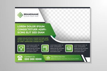 Poster - dummy text headline for horizontal layout banner design template with black background. space of photo collage. Combination green gradient and white element design.