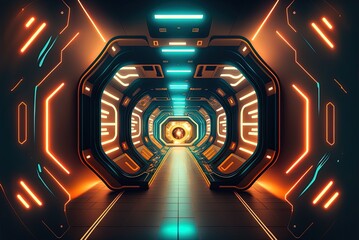 Wall Mural - Flashing lights in a futuristic spacecraft Neon backdrop glow luminous chamber science fiction tunnel Generative AI