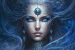 A sorceress with piercing sapphire blue eyes, weaving illusions of shimmering blue. Digital art painting, Fantasy art, Wallpaper. Generative ai.