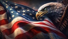 Wavy American Flag With An Eagle Symbolizing Strength And Freedom . 4th Of July Memorial Or Independence Day Background. Generative AI Technology.