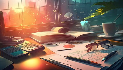 Aufkleber - Afternoon at the office with light shining through the glass window background. Generative AI technology.