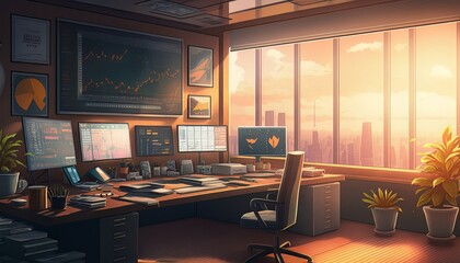 Aufkleber - Afternoon office atmosphere of a stock businessman background. Generative AI technology.
