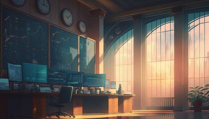 Poster - Afternoon office of a stock businessman trader background. Generative AI technology.	