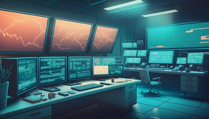Poster - Business stock market computer system display interior background. Generative AI technology.	
