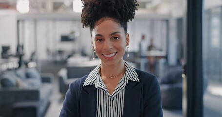 Poster - Business, leadership and face of black woman with smile in office for ideas, vision and startup goals. Corporate, manager and portrait of lady with confident, success mindset and mission in New York